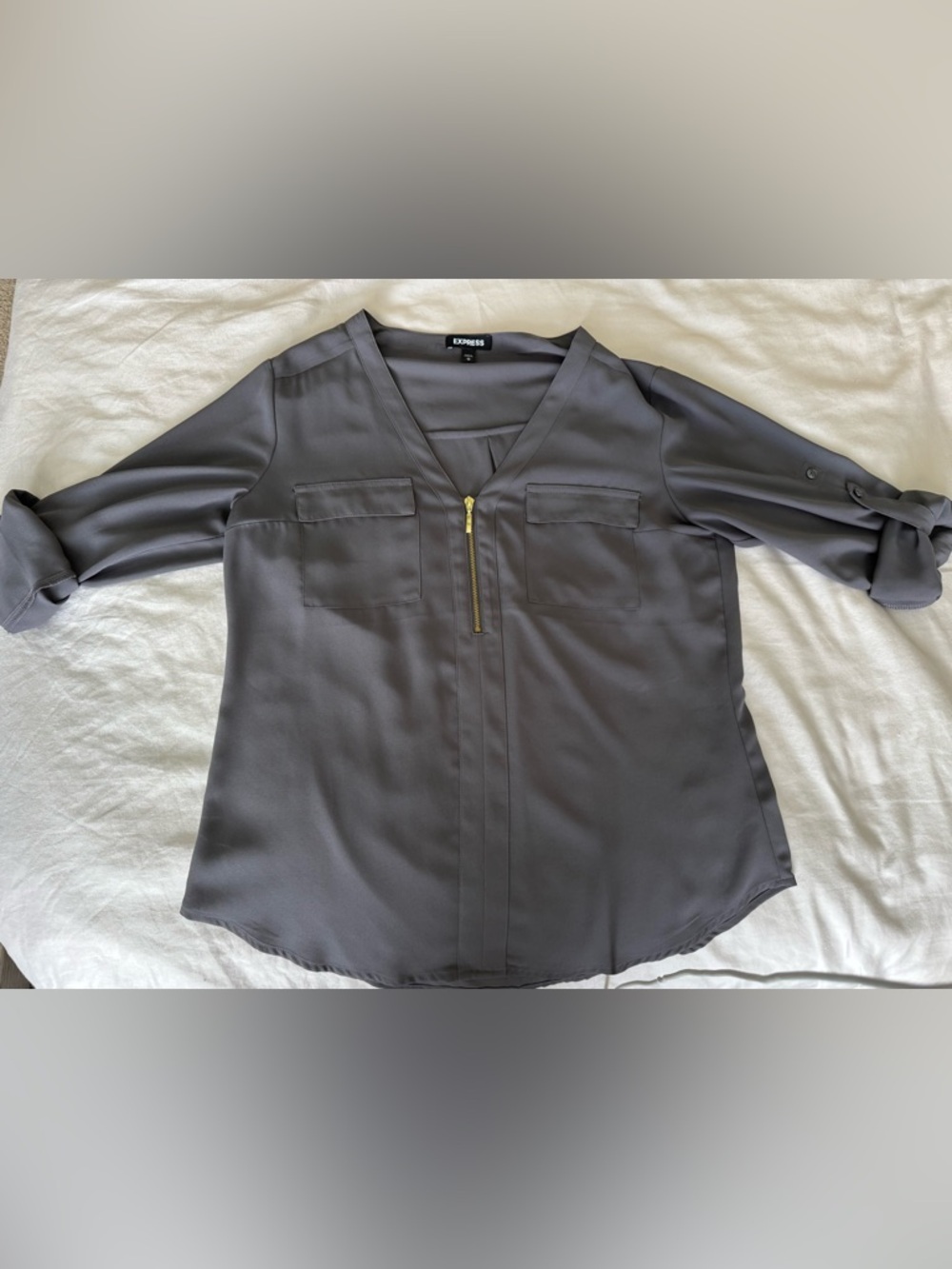 Express Charcoal V-Neck Zip Front Top with Chest Pockets